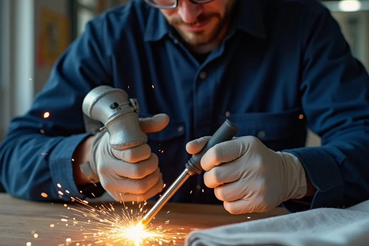 Technician brazing copper refrigerant lines with oxy-acetylene torch while flowing nitrogen gas