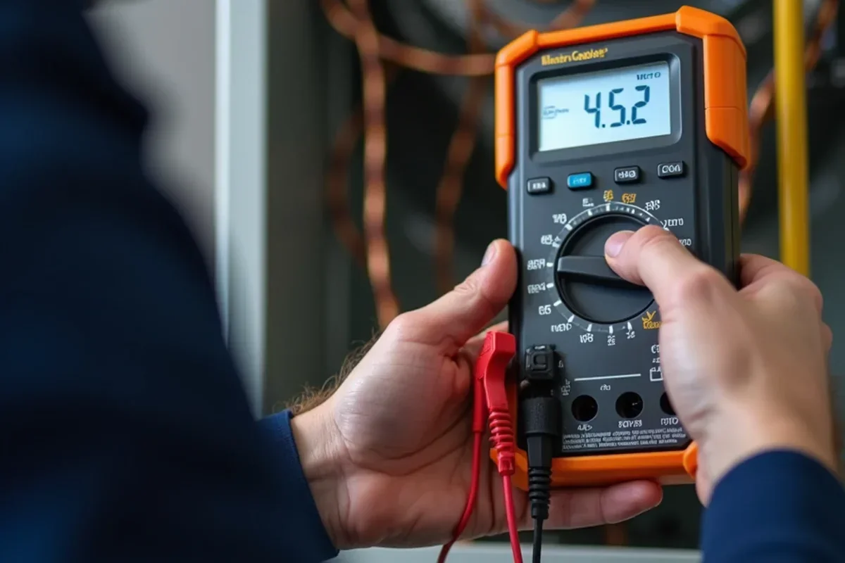 Testing dual run capacitor capacitance with digital multimeter on outdoor AC unit
