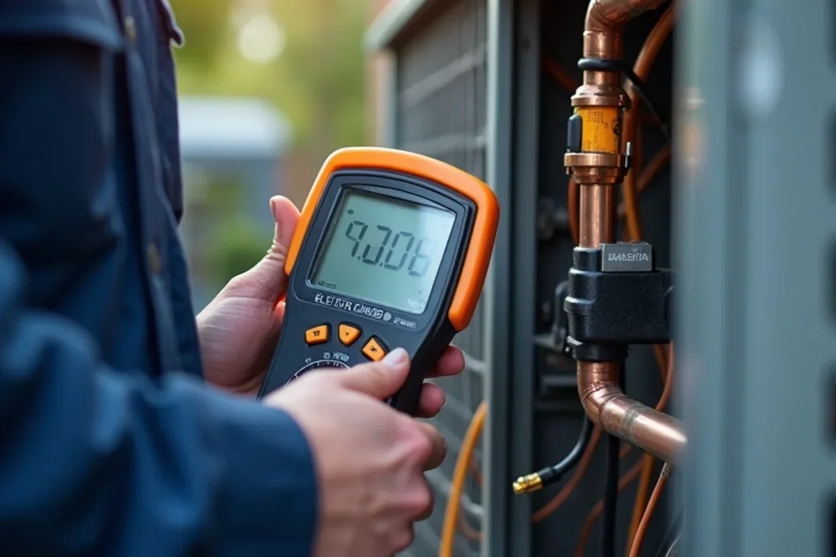 Clamp meter measuring running amperage on outdoor AC compressor electrical leads