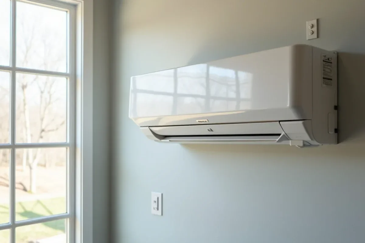 Sleek white ductless indoor wall unit mounted high in sunroom delivering quiet airflow