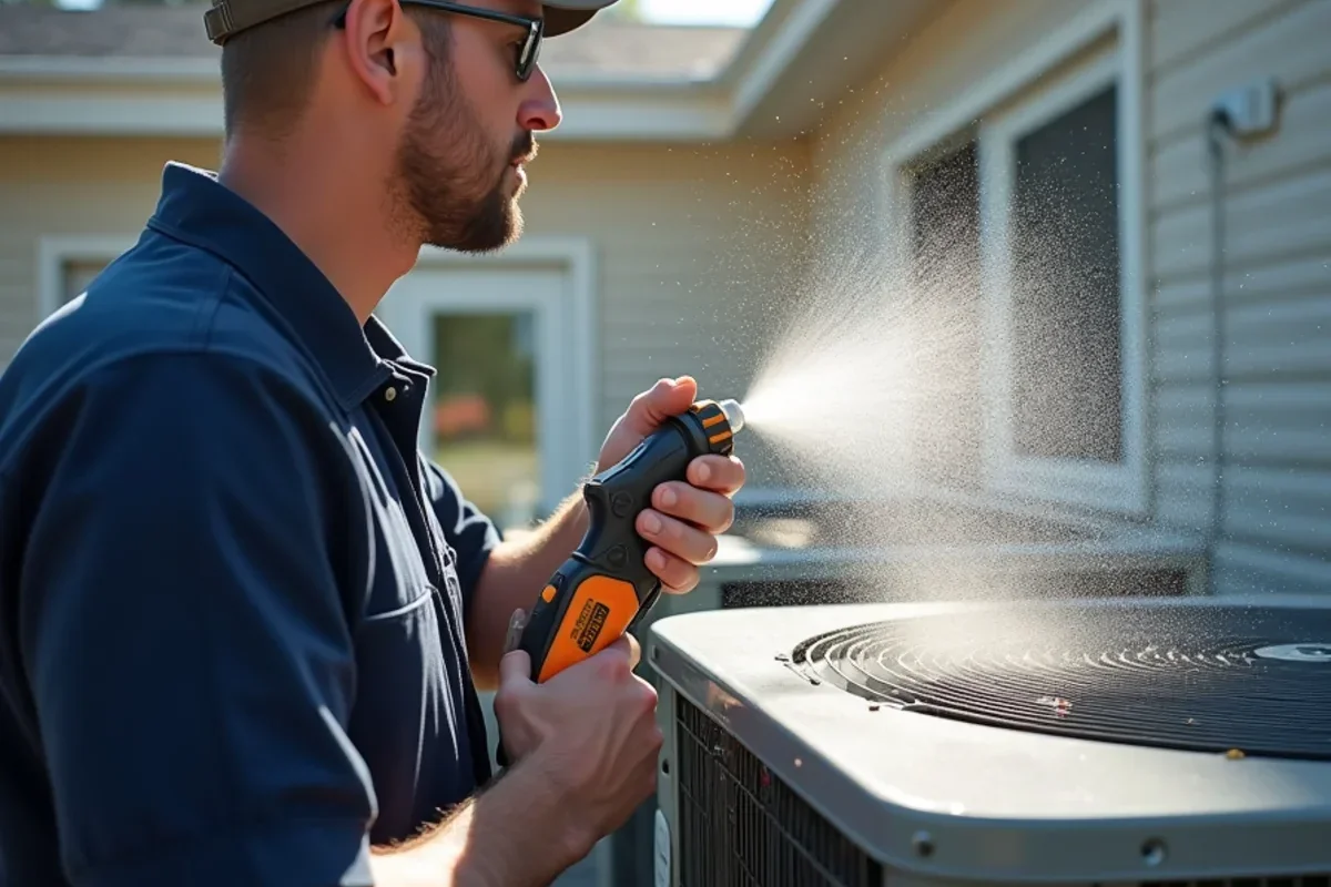 Cleaning aluminum condenser fins on outdoor AC unit with gentle water spray