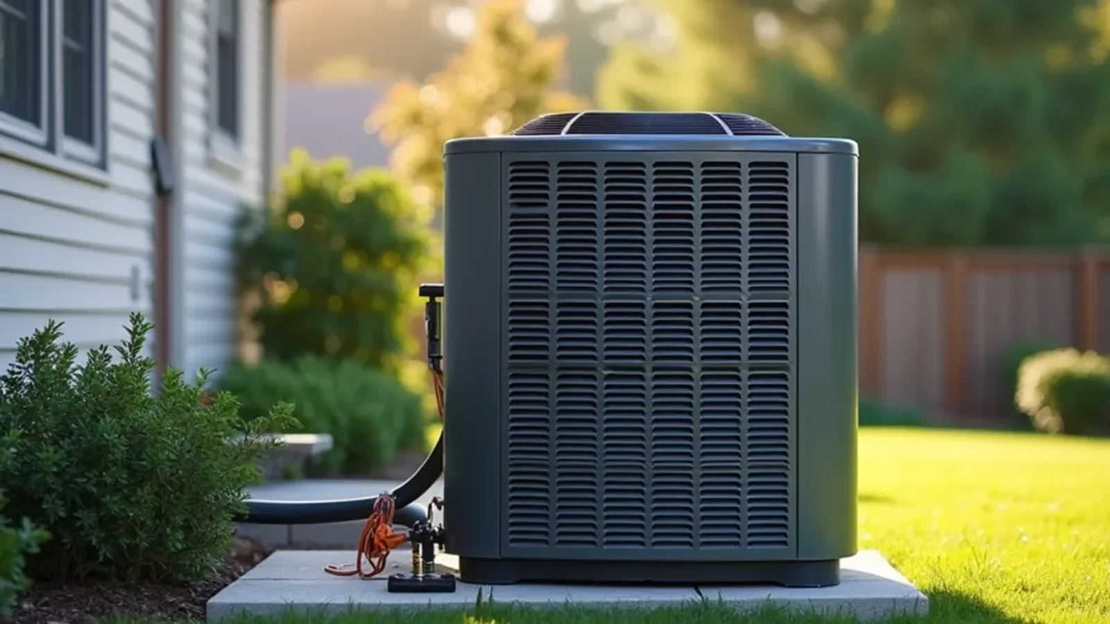 Central air conditioning condensing unit on composite equipment pad in manicured backyard