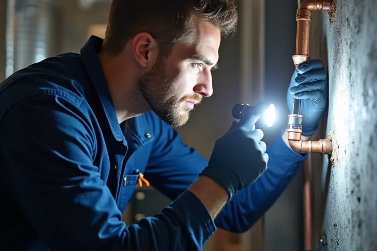 HVAC technician inspecting metal furnace flue pipe joints for white corrosion residue