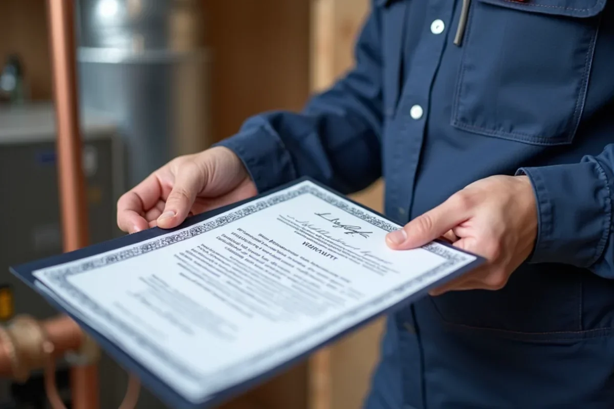 Contractor presenting written multi-year workmanship guarantee certificate to customer