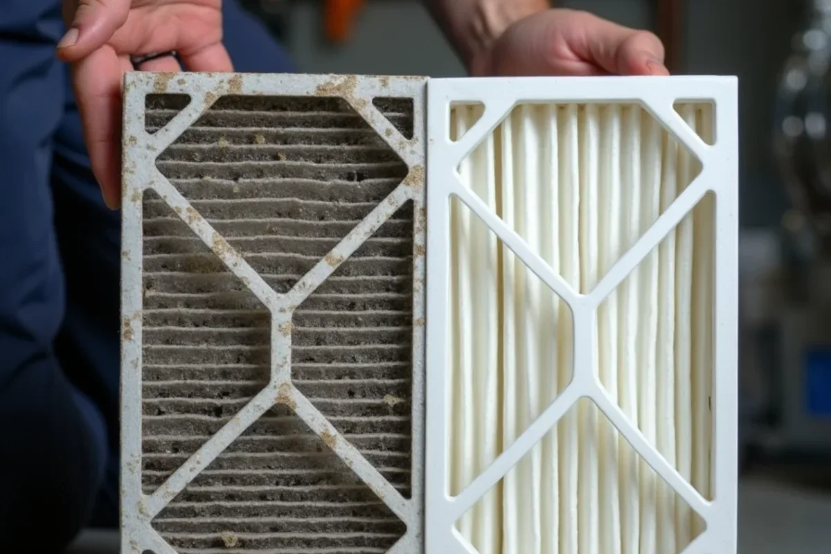 Side-by-side comparison of severely dust-clogged furnace filter next to brand-new clean filter