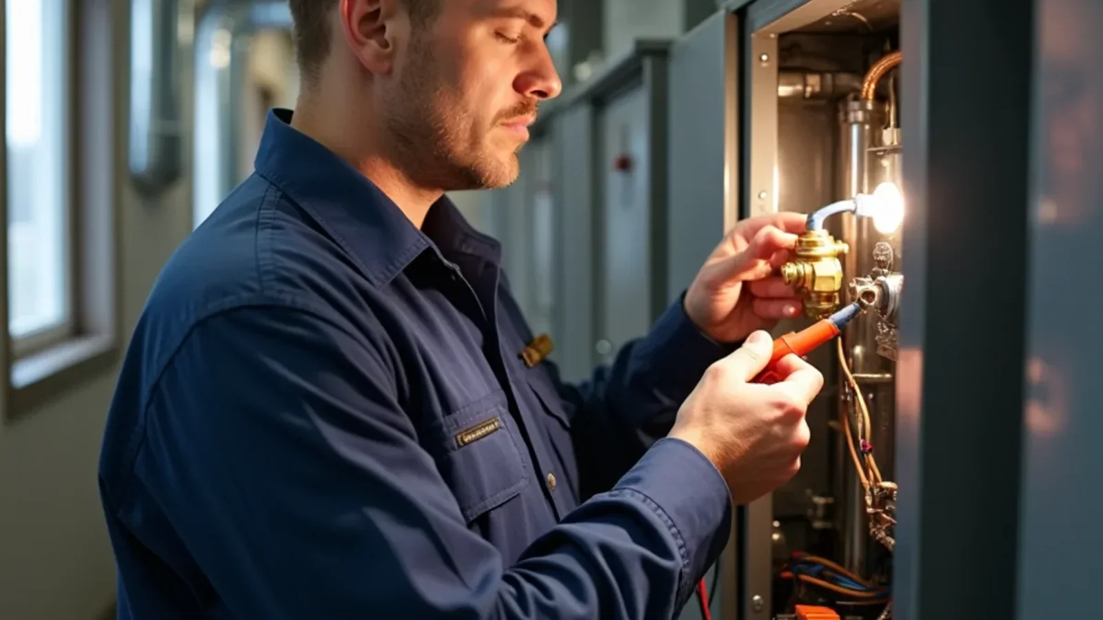 Technician inspecting high-temperature limit switch safety sensor inside furnace heat exchanger