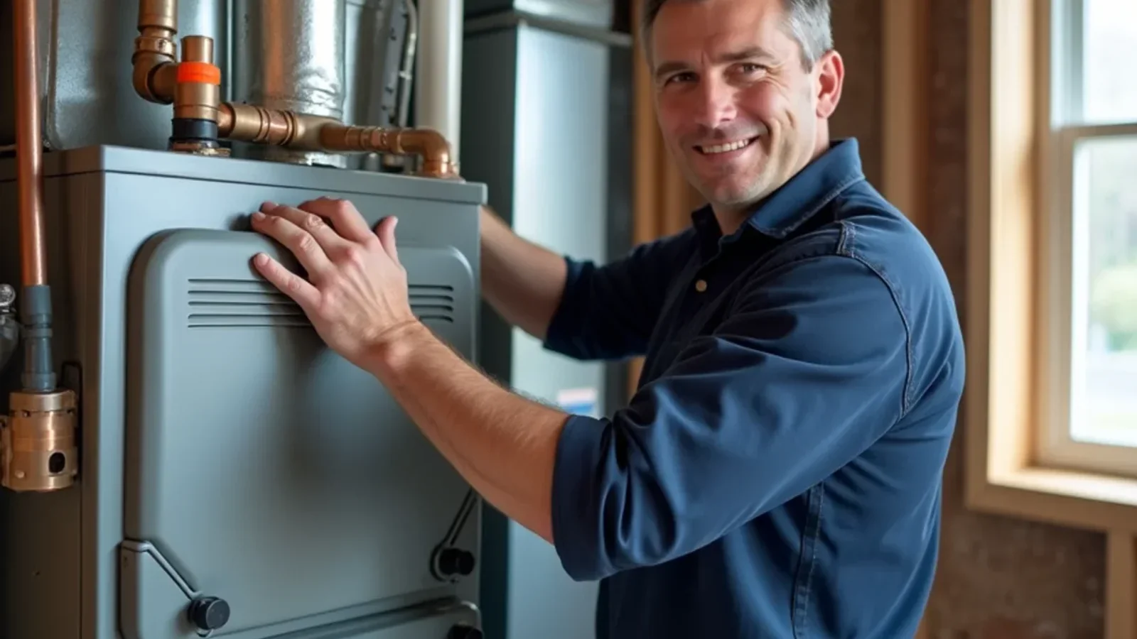 Newly installed high-efficiency gas furnace displaying yellow EnergyGuide efficiency rating label