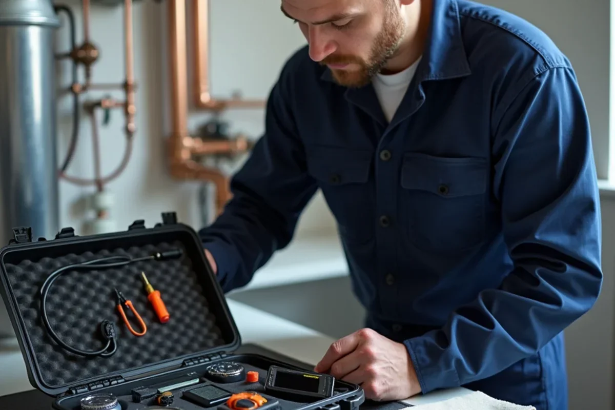 Master technician bringing calibrated digital diagnostic tool kit into residential utility room