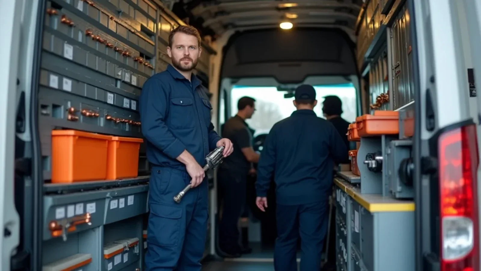 Organized interior of commercial HVAC service vehicle with labeled parts bins and precision tools