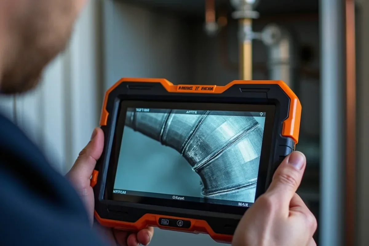 Borescope monitor showing micro-fracture along stamped metal furnace heat exchanger seam