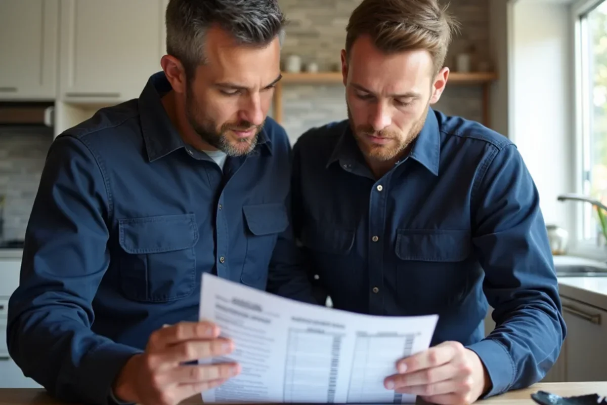 Homeowner and mechanical contractor reviewing the 5,000 dollar rule calculation on worksheet