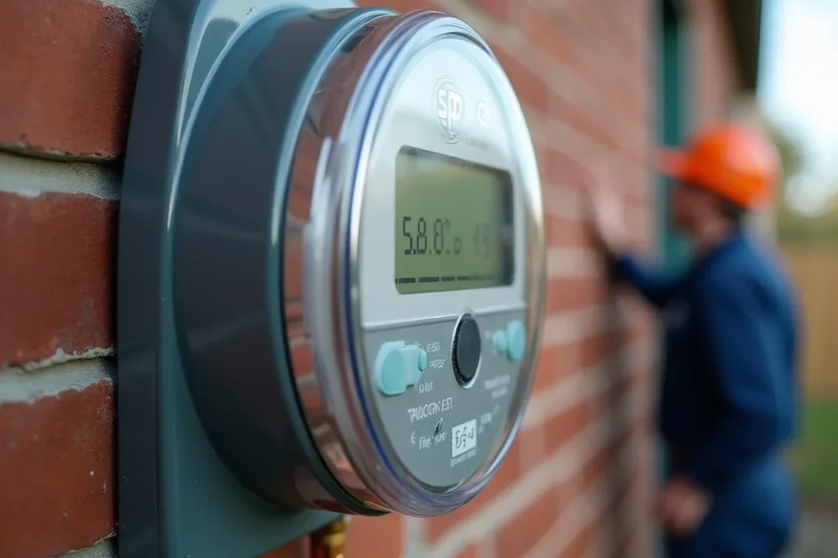 Digital electric smart utility meter mounted on suburban home exterior wall in Shakopee
