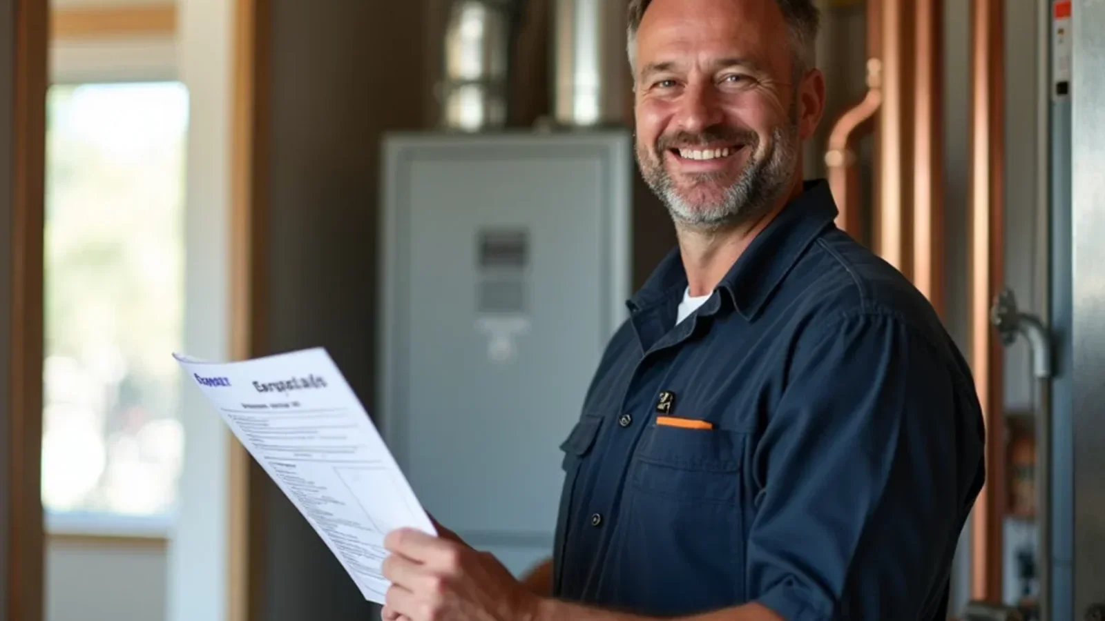 Homeowner reviewing utility rebate paperwork beside newly installed heat pump equipment