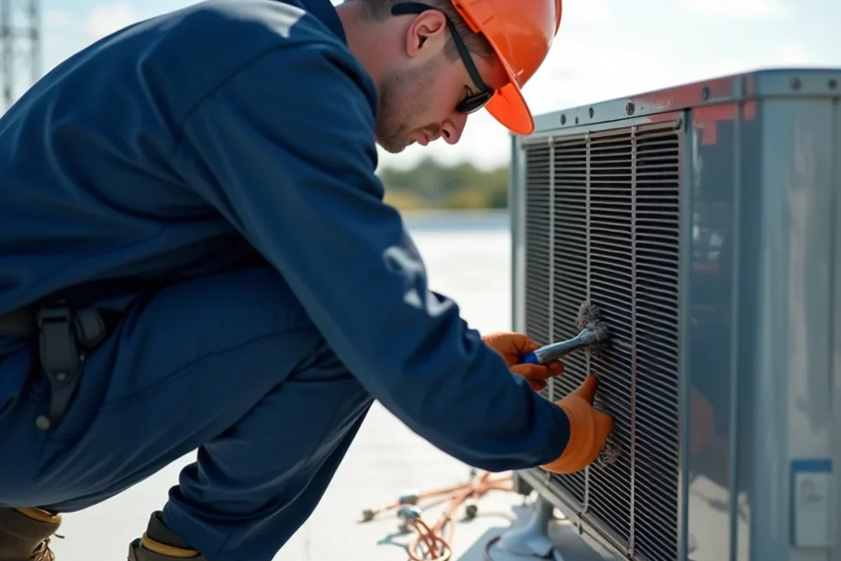 Checking rooftop refrigeration condenser coil for airflow blockages and dirt buildup