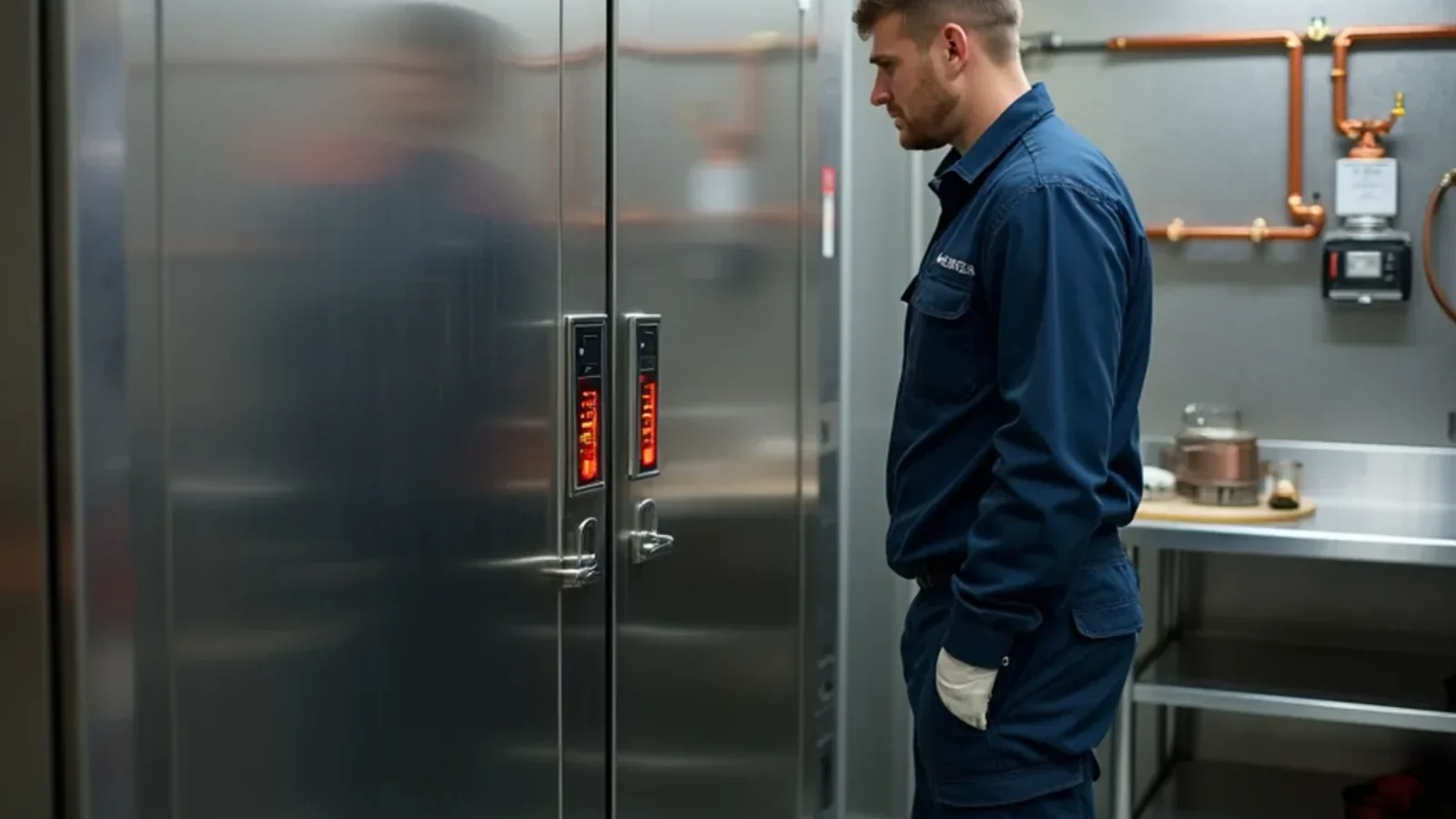 Commercial kitchen walk-in cooler door with digital exterior temperature display alert