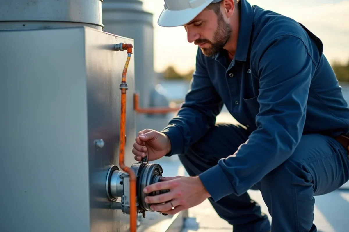 Commercial HVAC technician inspecting outdoor air economizer damper motor linkage on rooftop unit