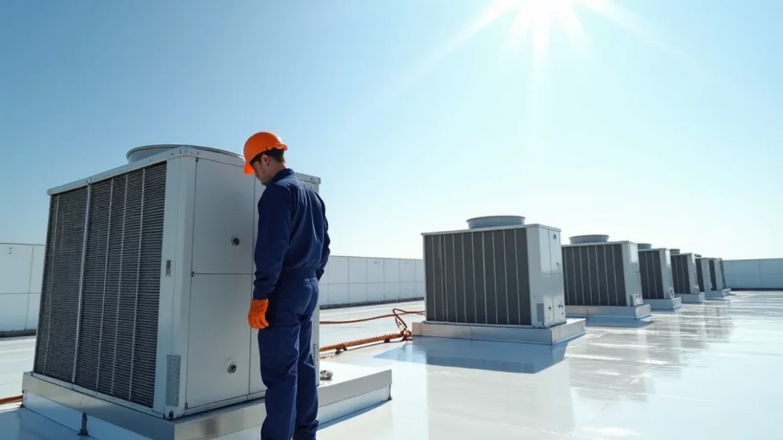 Commercial packaged rooftop HVAC units on commercial building roof under clear blue sky