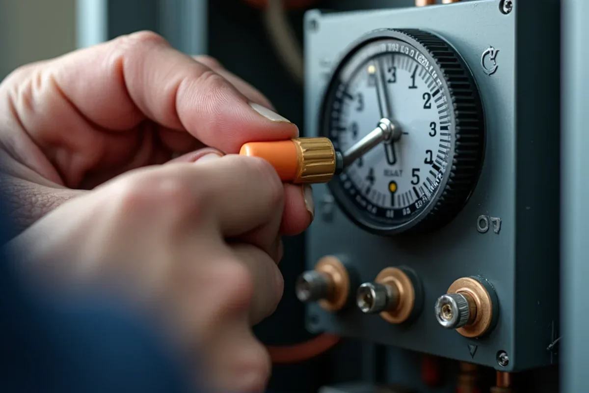 Commercial refrigeration technician adjusting electric defrost time clock dial in control box
