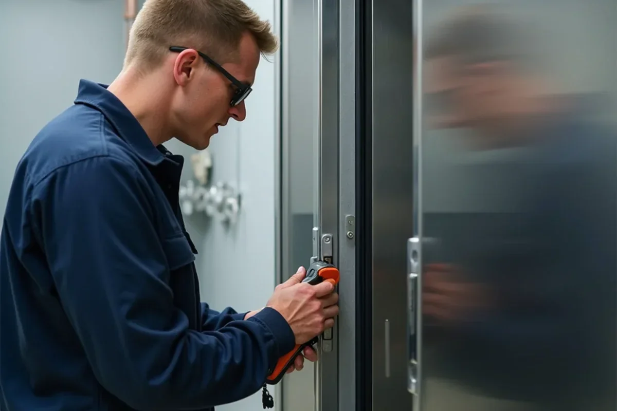 Inspecting magnetic vinyl door gasket seal along commercial walk-in freezer door frame