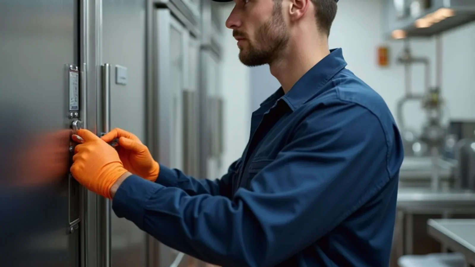 Commercial refrigeration technician maintaining refrigeration equipment in restaurant setting