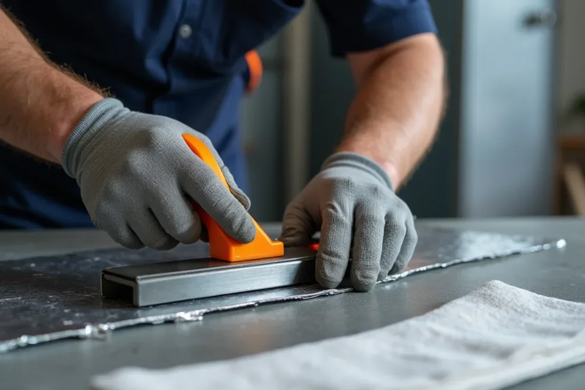 Applying UL-181 foil-backed mastic tape and sealant to sheet metal duct joints