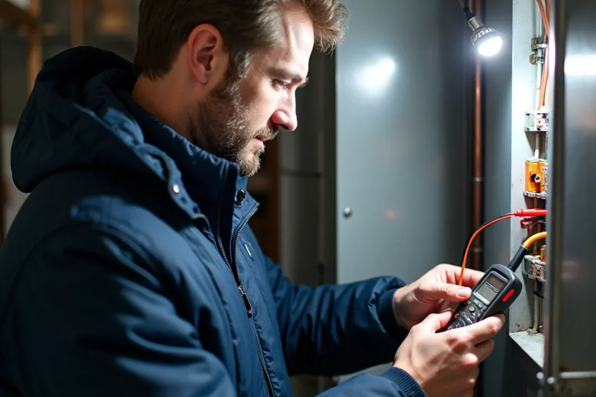 Technician conducting urgent 24-volt electrical diagnostic check on furnace transformer
