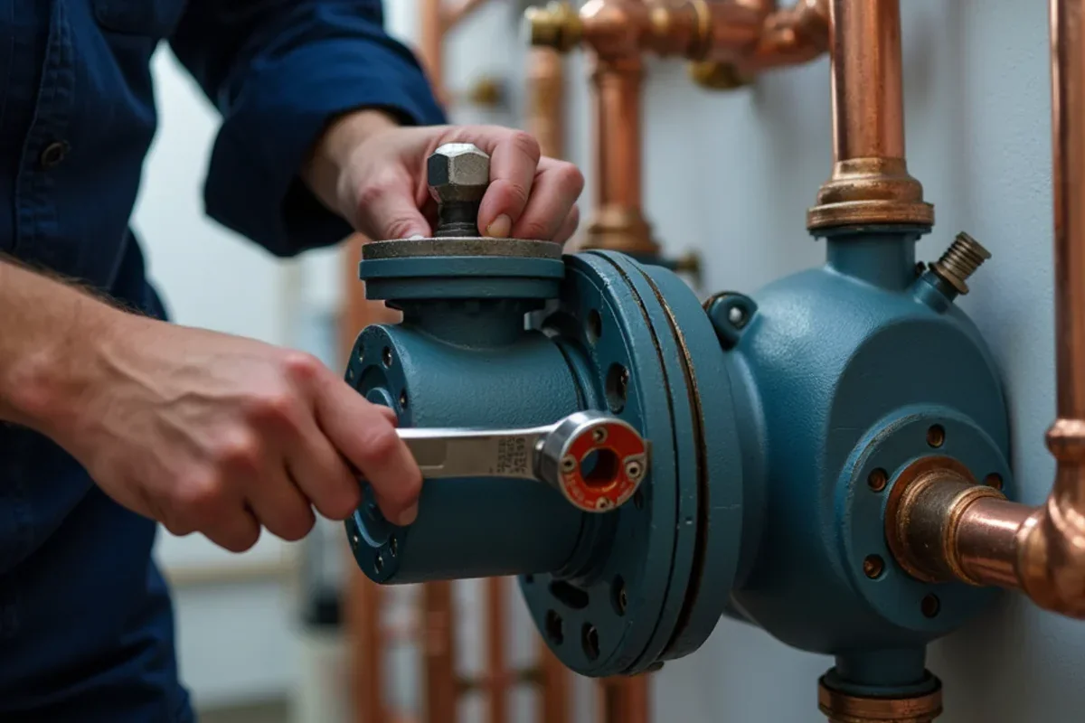 Technician servicing hydronic circulator pump flange and isolation valves on boiler system