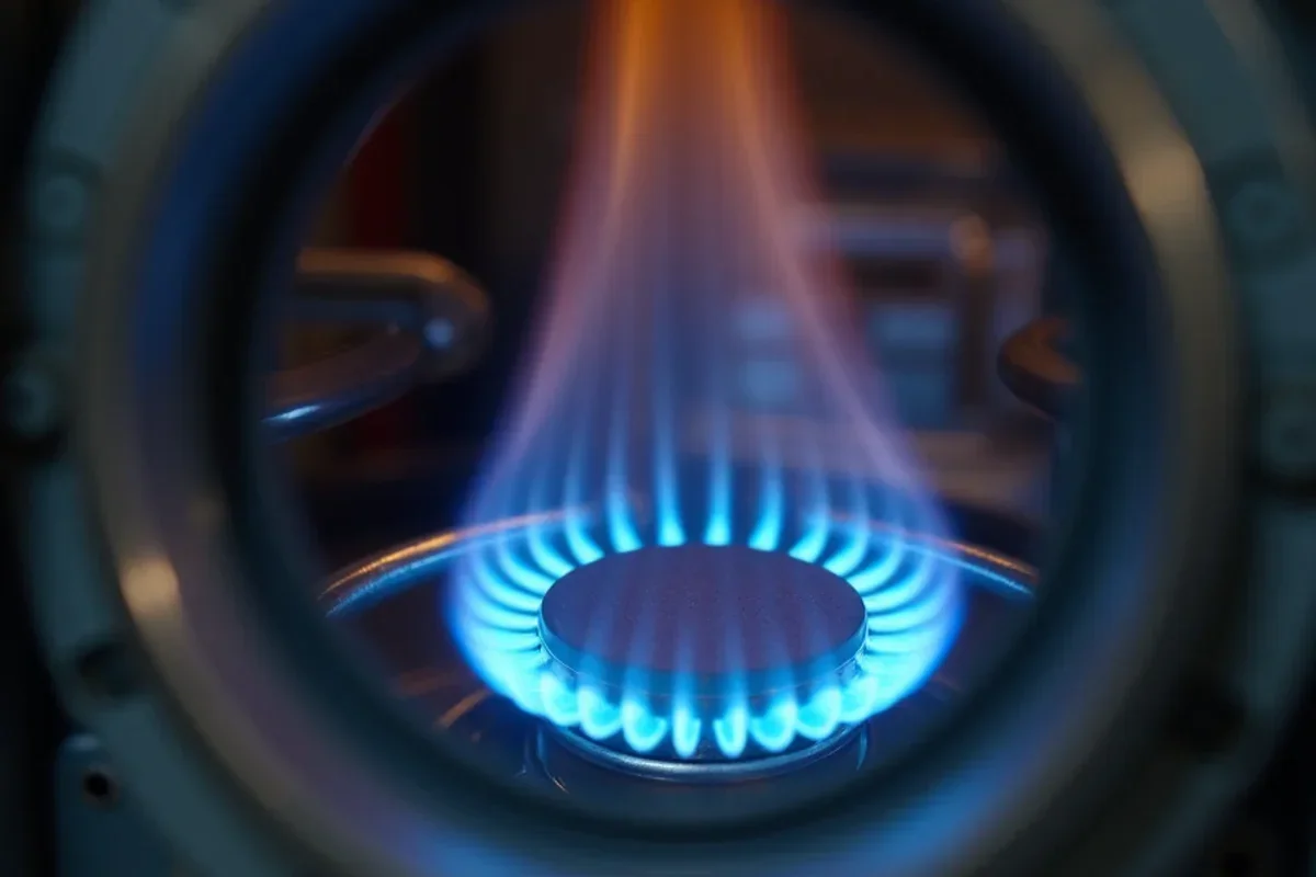 Inspection of clean blue gas furnace burner flames through sight glass