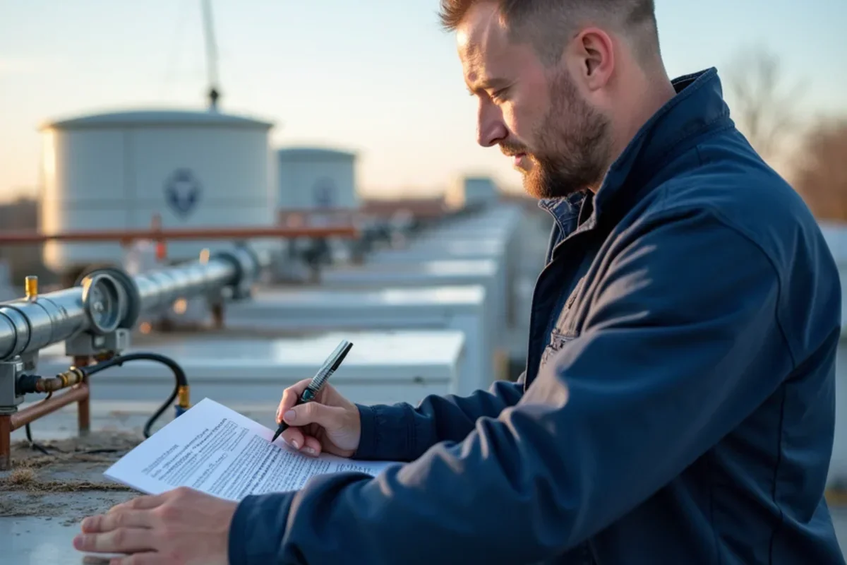 Commercial refrigeration technician inspecting semi-hermetic condensing unit on restaurant rooftop