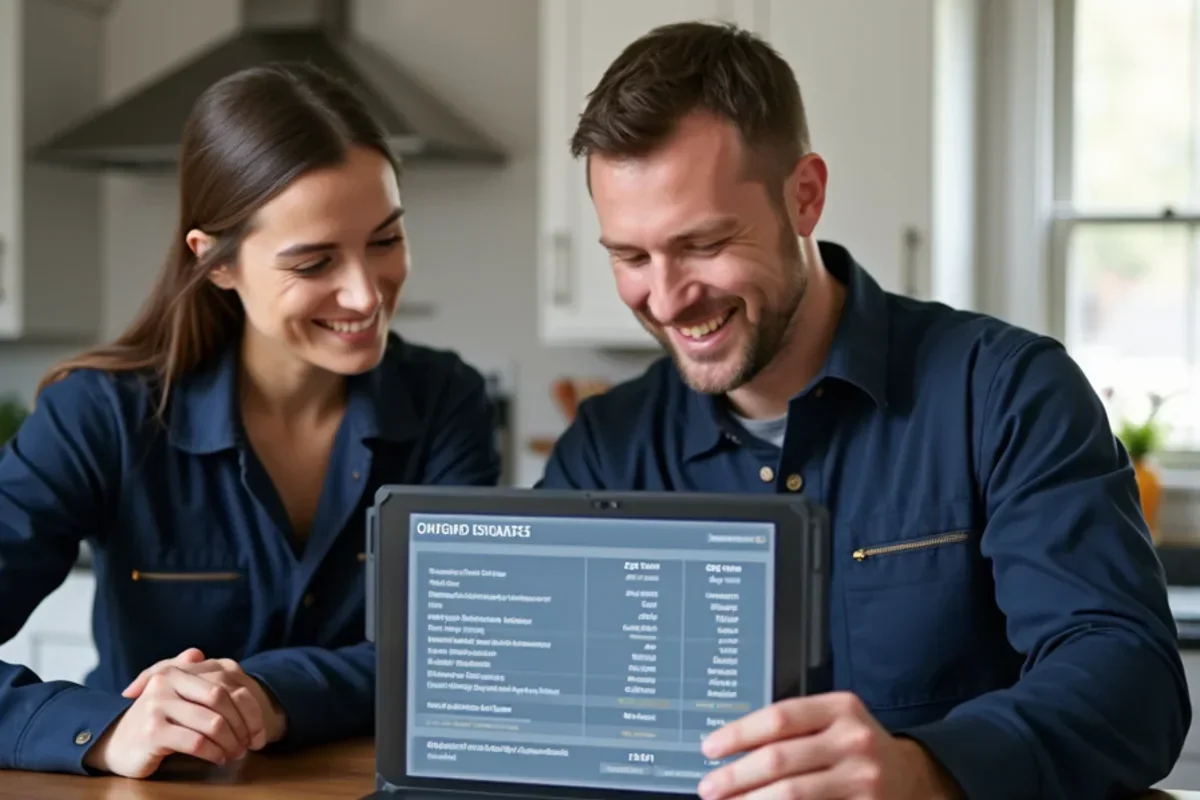 Technician reviewing transparent itemized repair estimate on tablet screen with homeowner