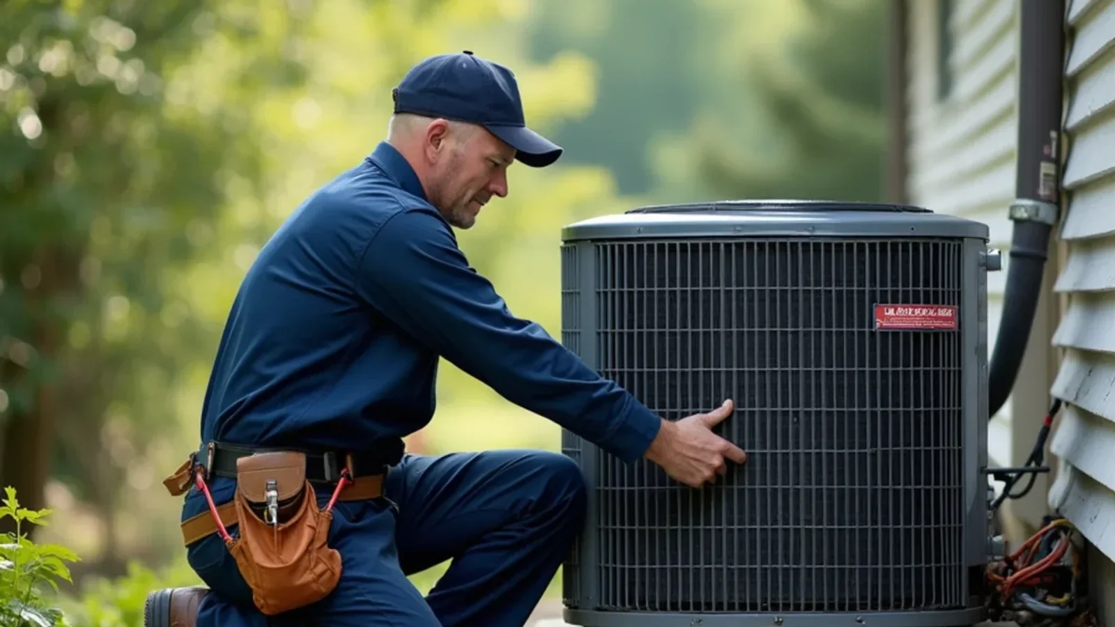 Master HVAC technician servicing outdoor central AC unit in terraced yard of Burnsville split-level home