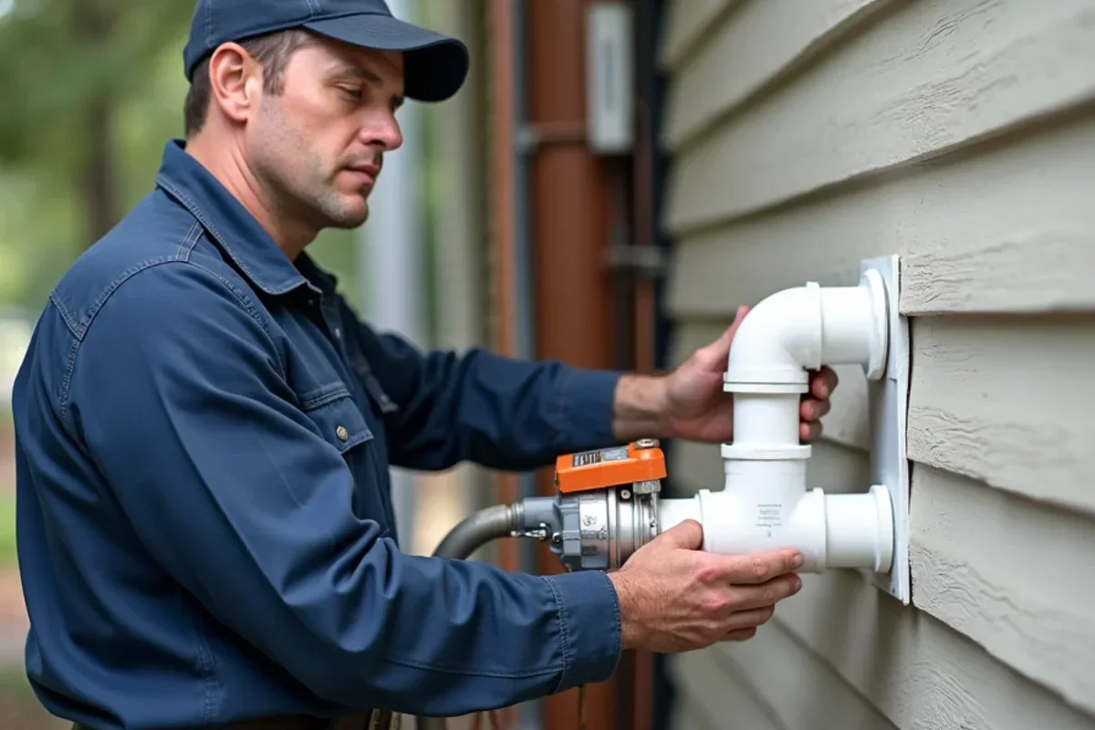 Direct-vent PVC flue pipes routing through historic wall opening to preserve original masonry
