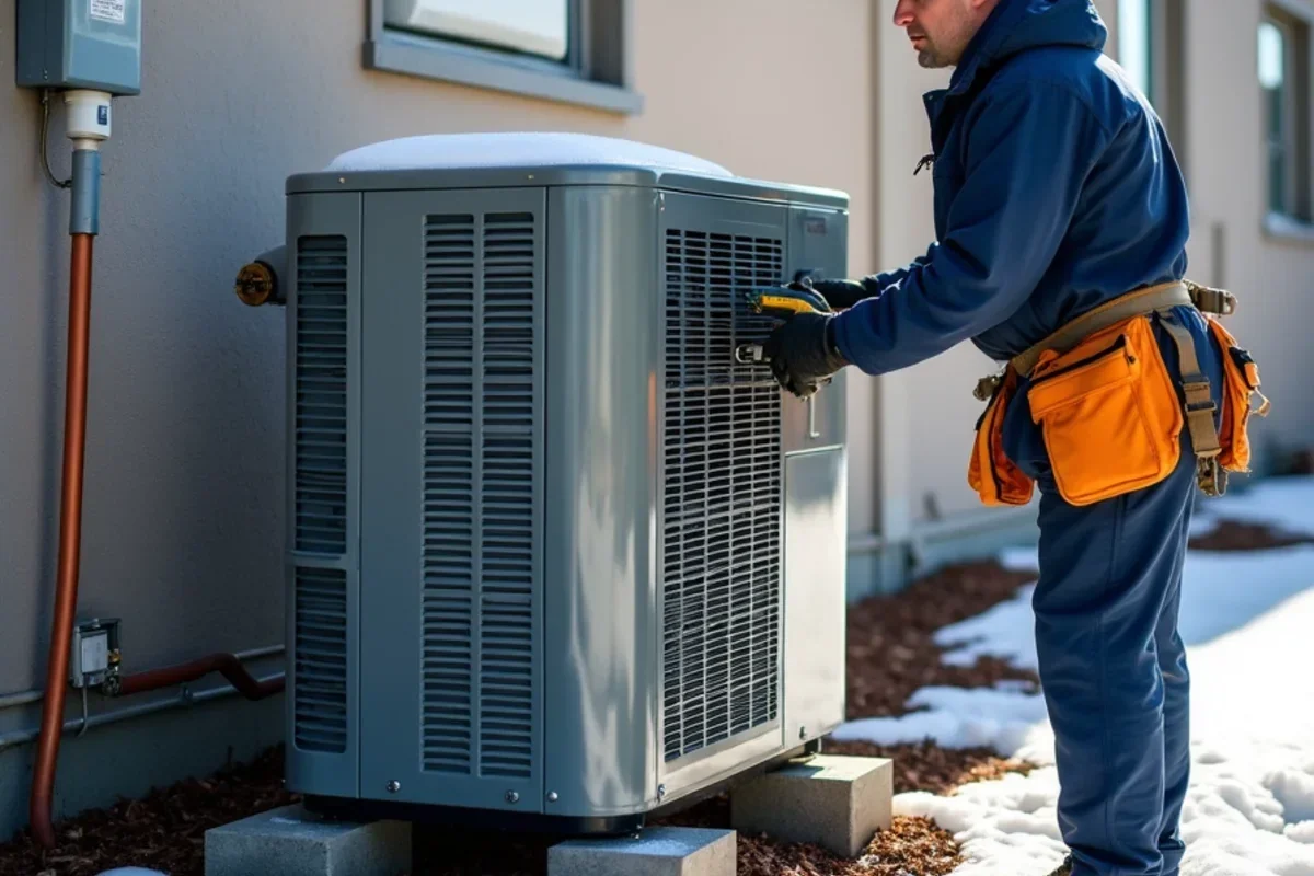 Two-stage heat pump outdoor condenser with proper winter snow clearance in Chanhassen yard