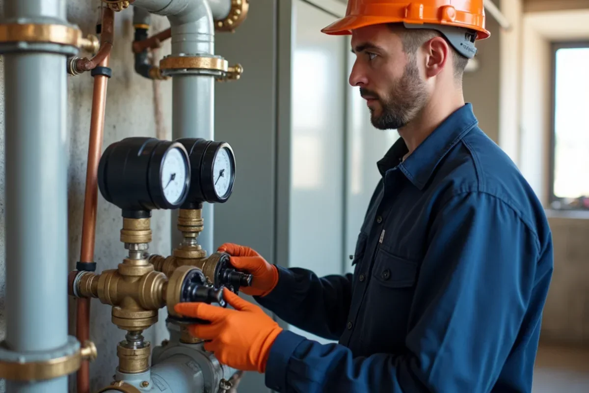 Geothermal closed-loop manifold valves in spacious mechanical room of Credit River estate