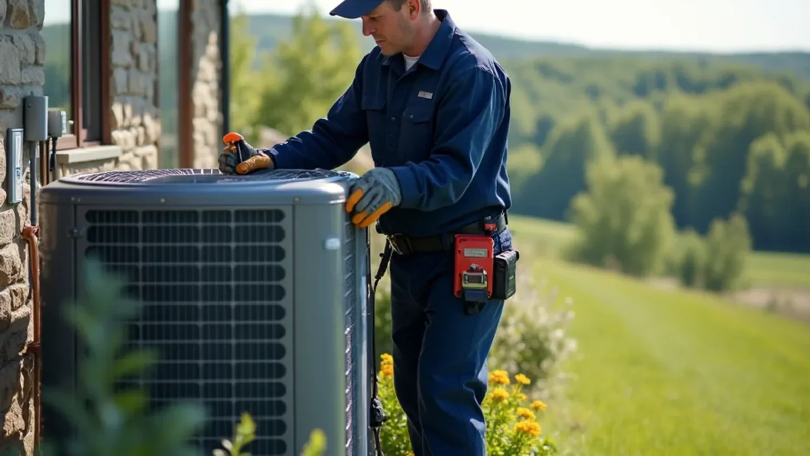 Technician inspecting large-capacity heat pump system at custom estate home in Credit River MN