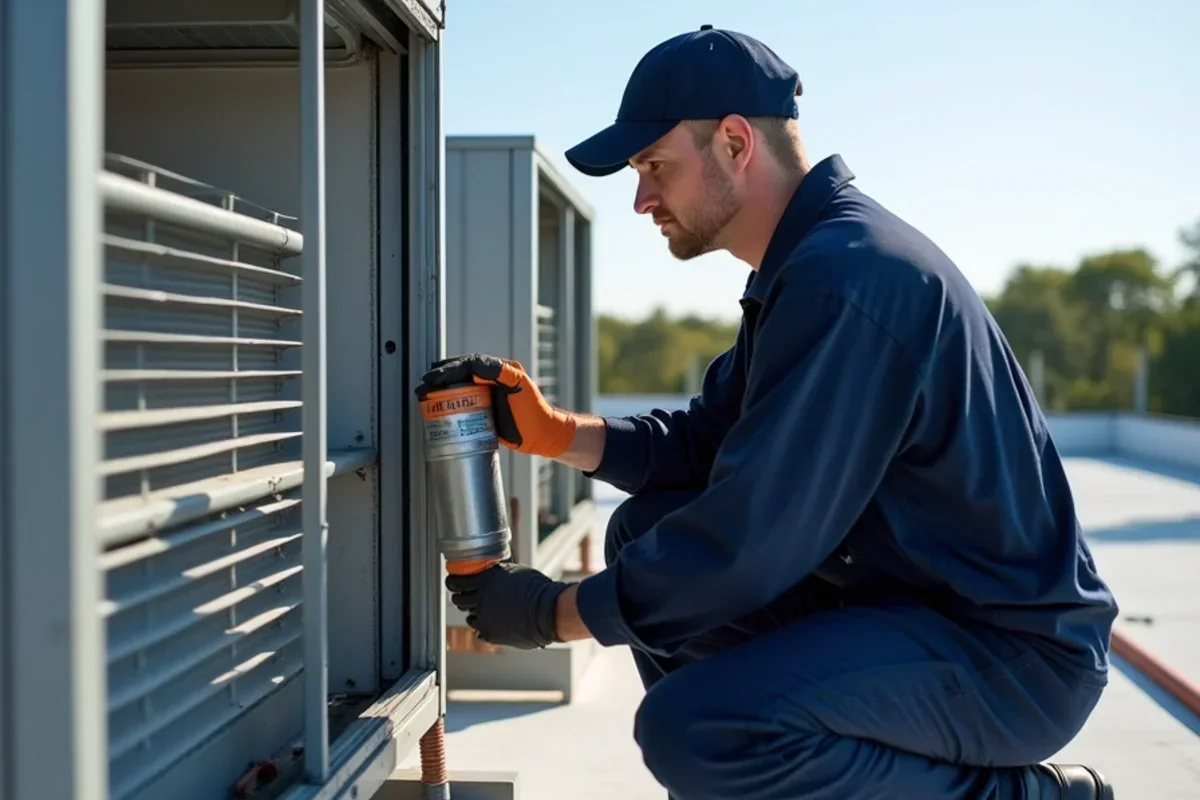 Commercial HVAC technician inspecting rooftop unit on light commercial office building in Eagan