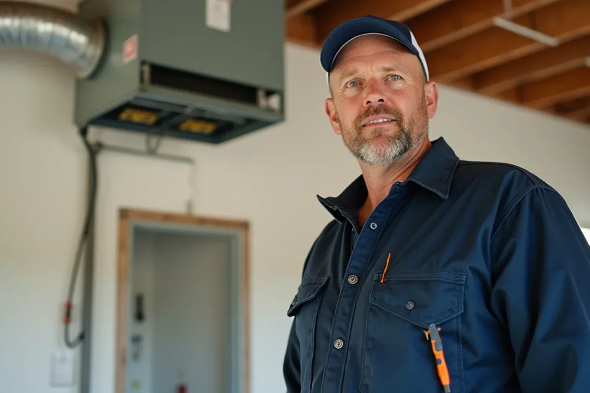 Overhead gas unit heater installed in detached workshop garage on Jordan acreage property