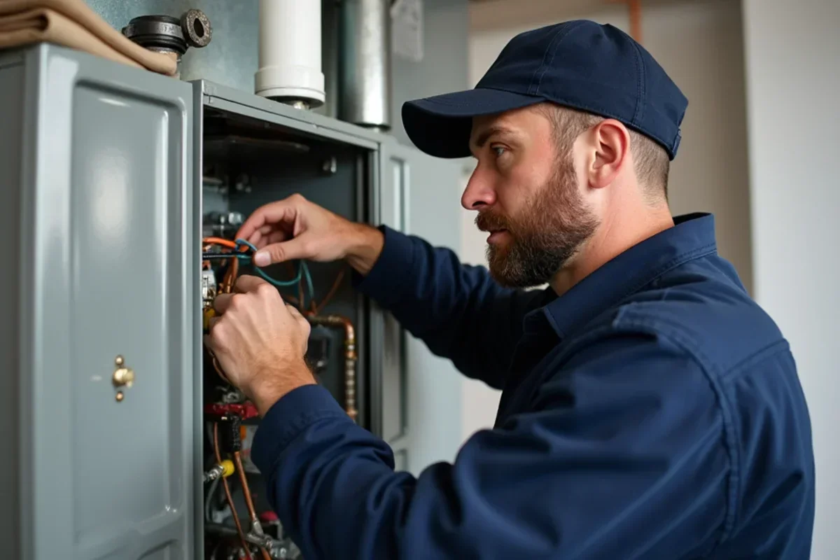 Technician servicing modern two-stage gas furnace in finished Lakeville basement