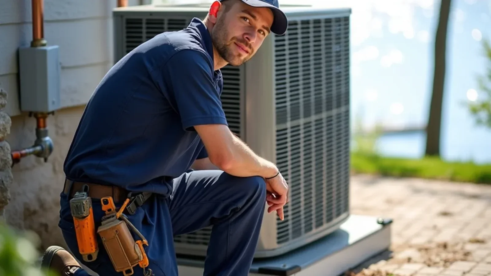Technician inspecting dual outdoor heat pump condensers on lakefront patio in Prior Lake Minnesota
