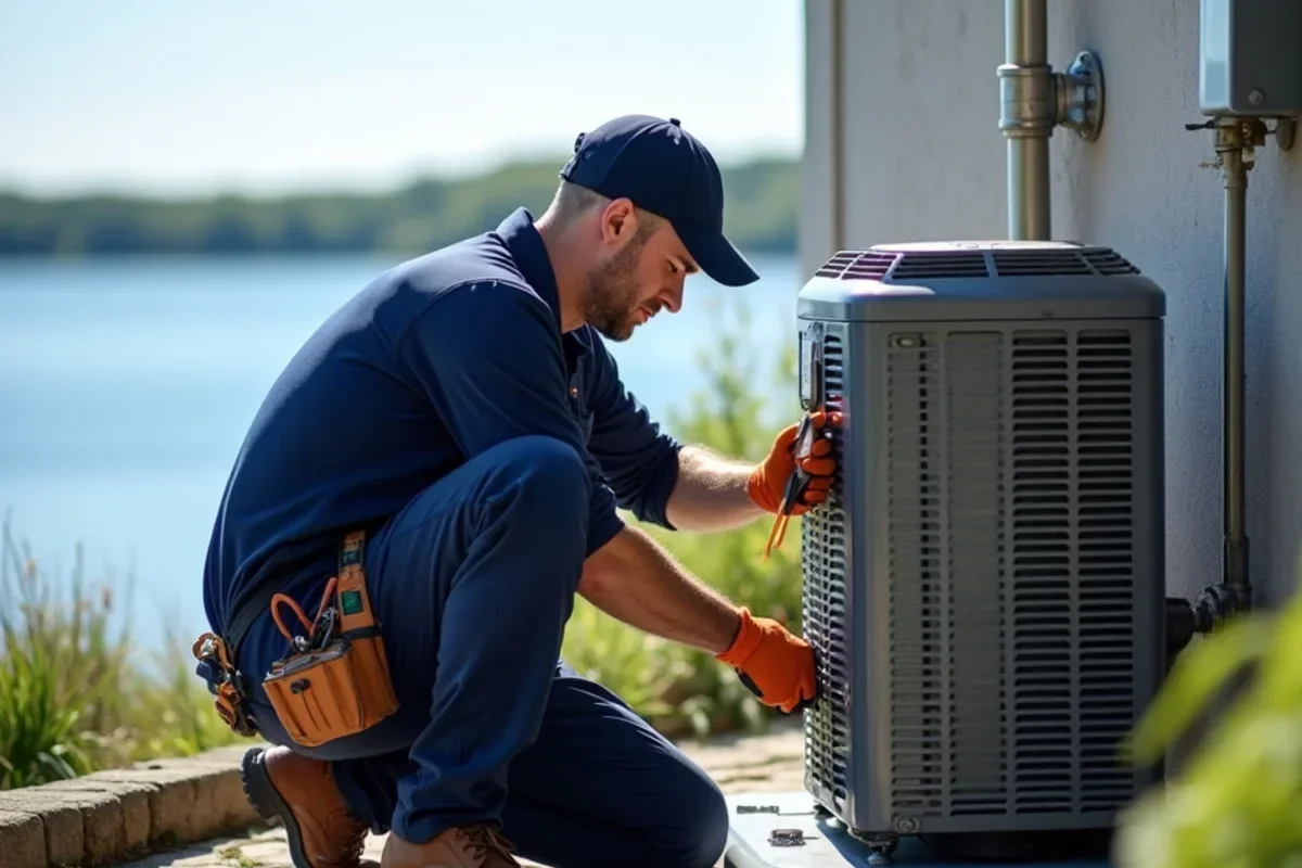 Technician checking outdoor heat pump condenser beside a lakefront property in Scott County