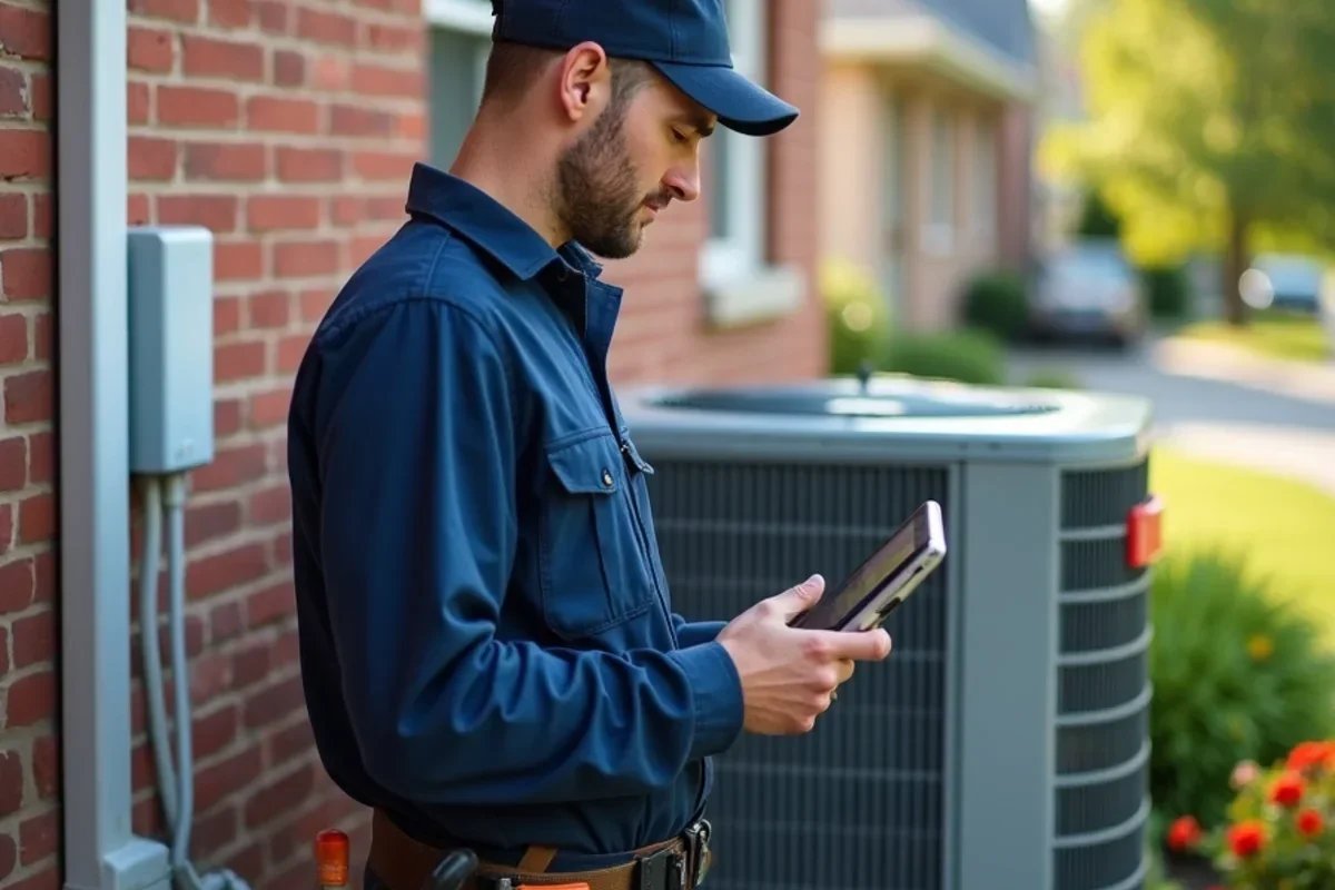 Technician consulting diagnostic tablet beside residential air conditioning unit